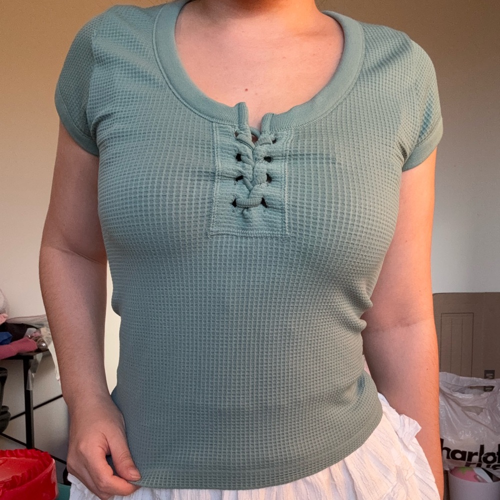 Sage Green Waffle-Knit Lace-Up Crop Top